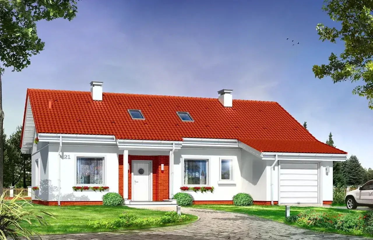 Nowoczesny dom jednorodzinny, projekt domu Luna, z czerwonym dachem, białymi ścianami i garażem.