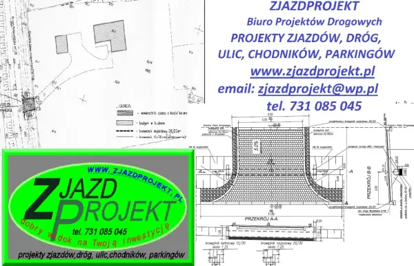 Projekt budowy zjazdu na działkę z kostki betonowej, z krawężnikami i odwodnieniem. Zjazd z projektu Zjazdprojekt.